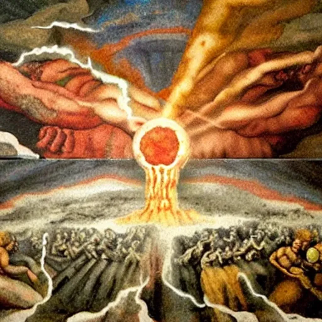 Prompt: nuclear holocaust painted in fresco by Michelangelo