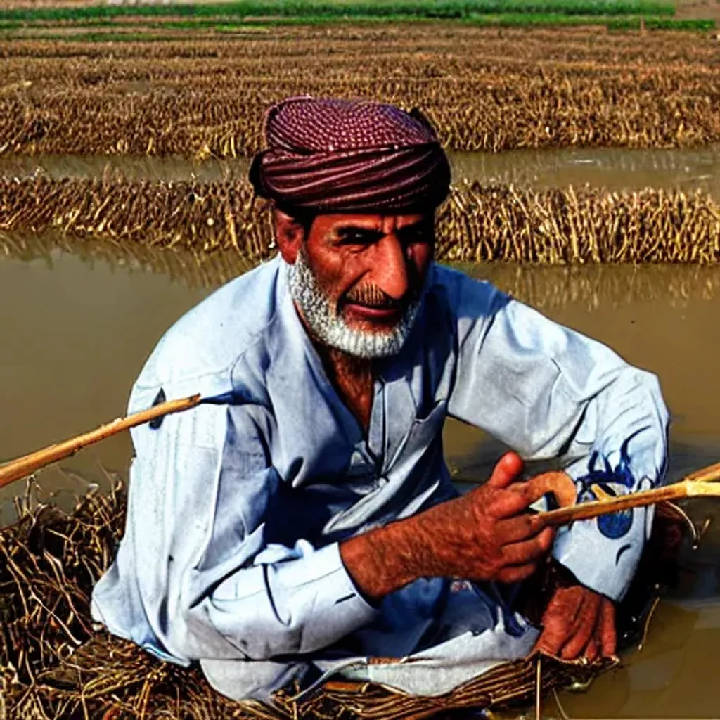 Prompt: An Iraqi Arab in southern Iraq, Nasiriyah, a farmer in the marshes, catching fish
