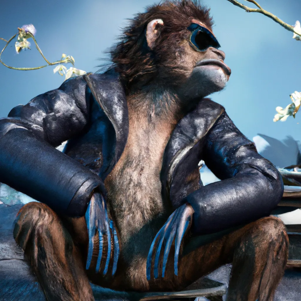 Prompt: A monkey wearing a leather jacket wearing shades squatting like a delinquent ivan aivazovsky, hd 8k, hyper detailed in the style of kentaro miura, ue 4, a lot of details