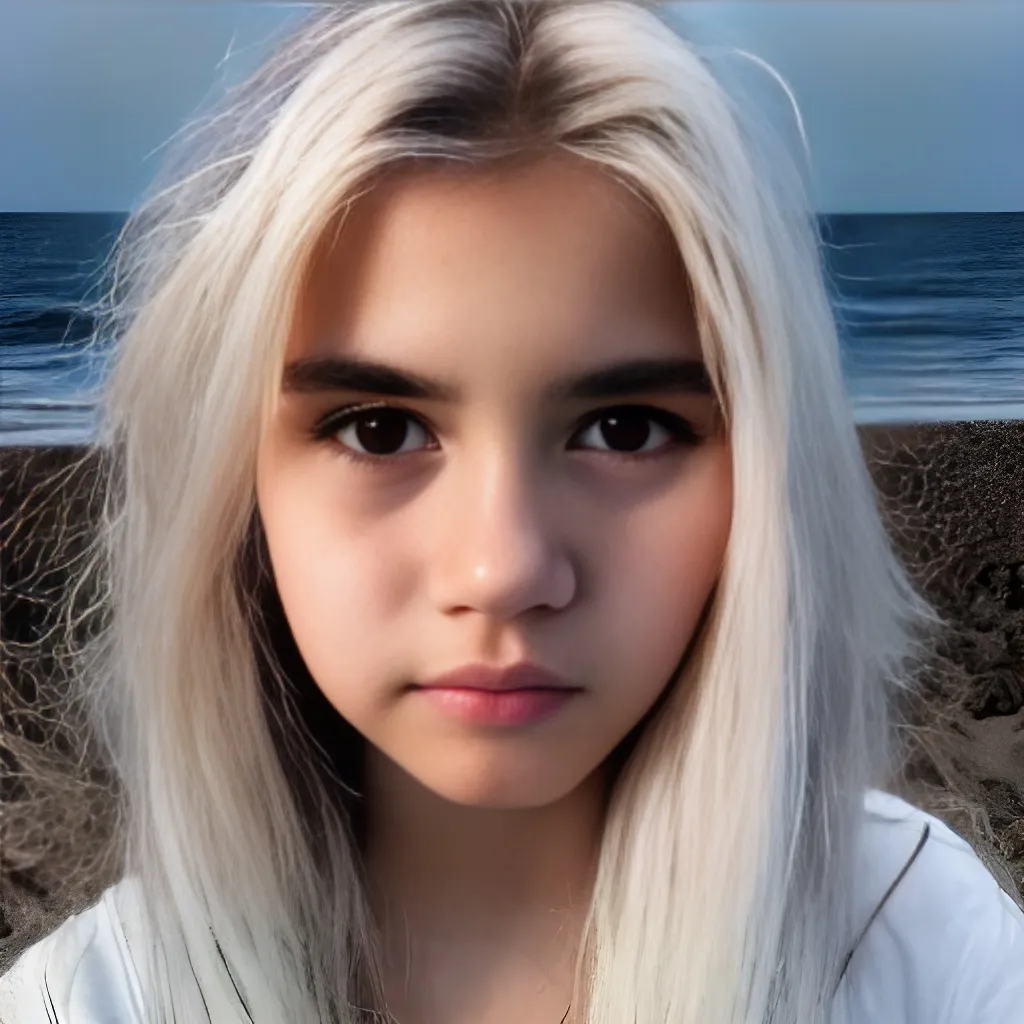 Prompt: Portrait of highly detailed cute adorable teenager young eyeliner makeup girl looking at the camera with white hair and with cute face, beach, sea, ocean, coast, sand, perfect composition, hyperrealistic, super detailed, 8k, high quality, trending art, trending on artstation, sharp focus, studio photo, intricate details, highly detailed, by greg rutkowski, black skirt, black clothes, black crop top, full body