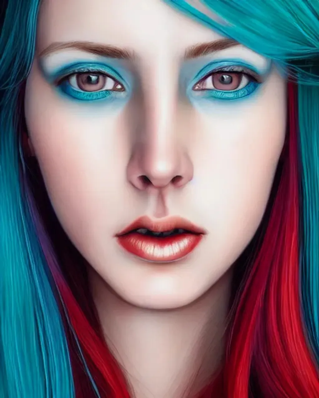 Prompt: portrait, beautiful woman with red-colored eyes, teal hair, clothed, facial symmetry, perfect eyes, centered, gradient background, perfect composition, hyperrealistic, photorealism, super detailed, 32k, high quality, trending on artstation, sharp focus, studio lighting, intricate details, hyperdetailed photography by dino tomic,