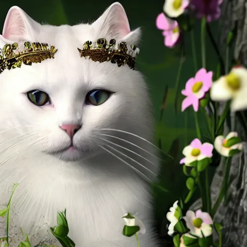 Prompt: white cat wearing gold intricate crown, unreal  engine, photo realistic, super long fur, portrait,  Hyper realistic, cinematic detail, surrounded by vivid flowers photograph.