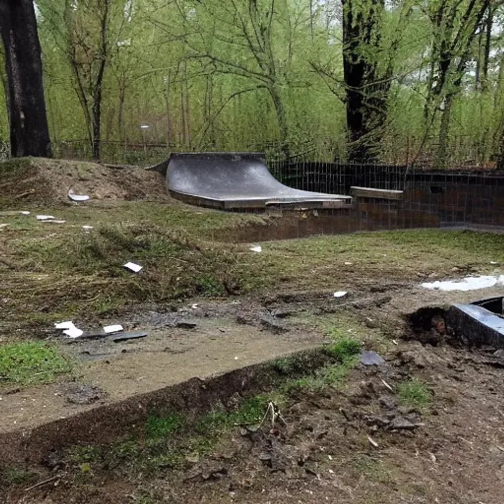 Prompt: Ruined Skate Park,  Flood Damage, Moss overgrowth.