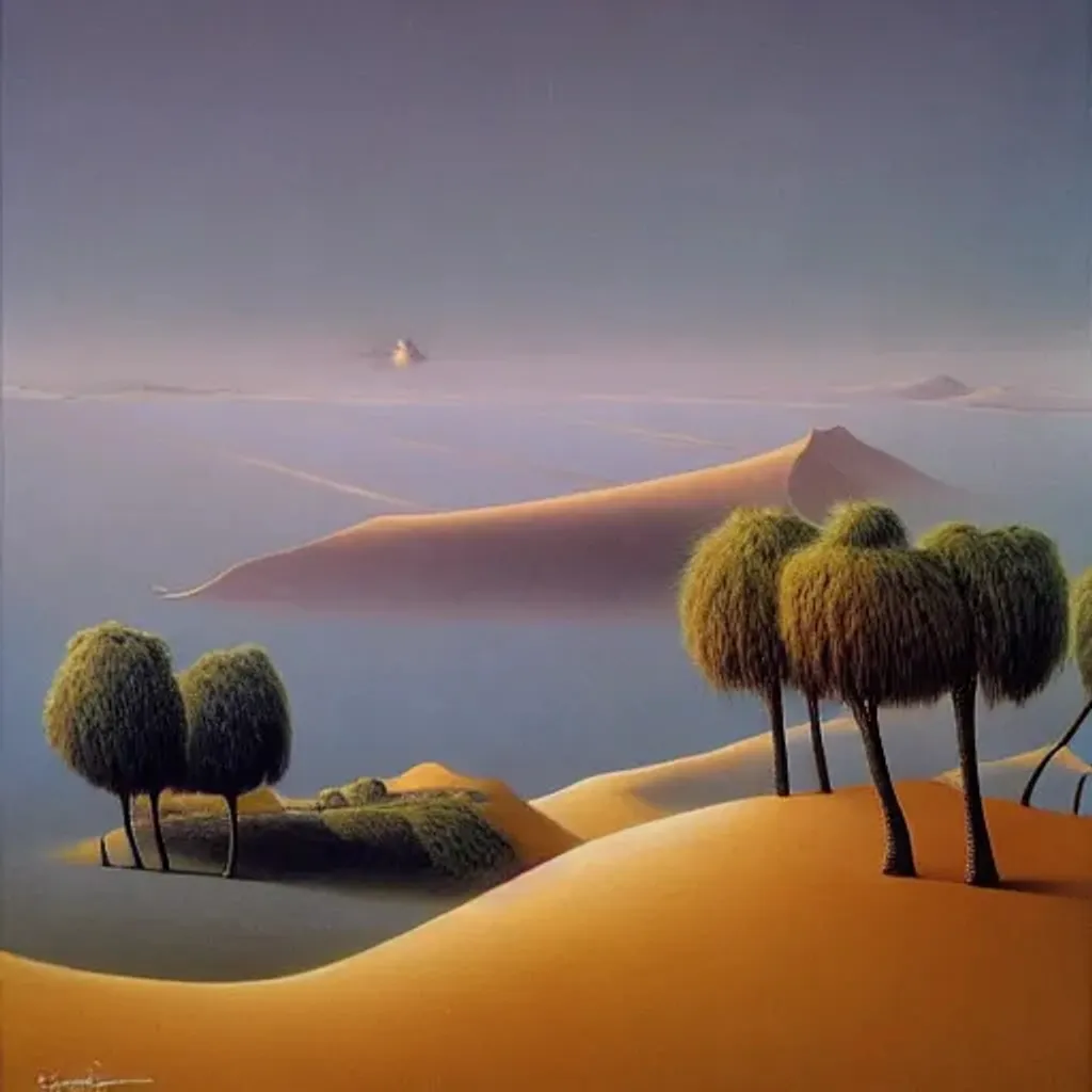 Prompt: Dream within a dream, isometric view of beautiful desert surrounded by palm trees, camels, caravans, cabins, tree house on a cliff, cozy, tropical, cinematic, hot, humid, ultrarealistic, intricate detail, style of Zdzislaw Beksinski