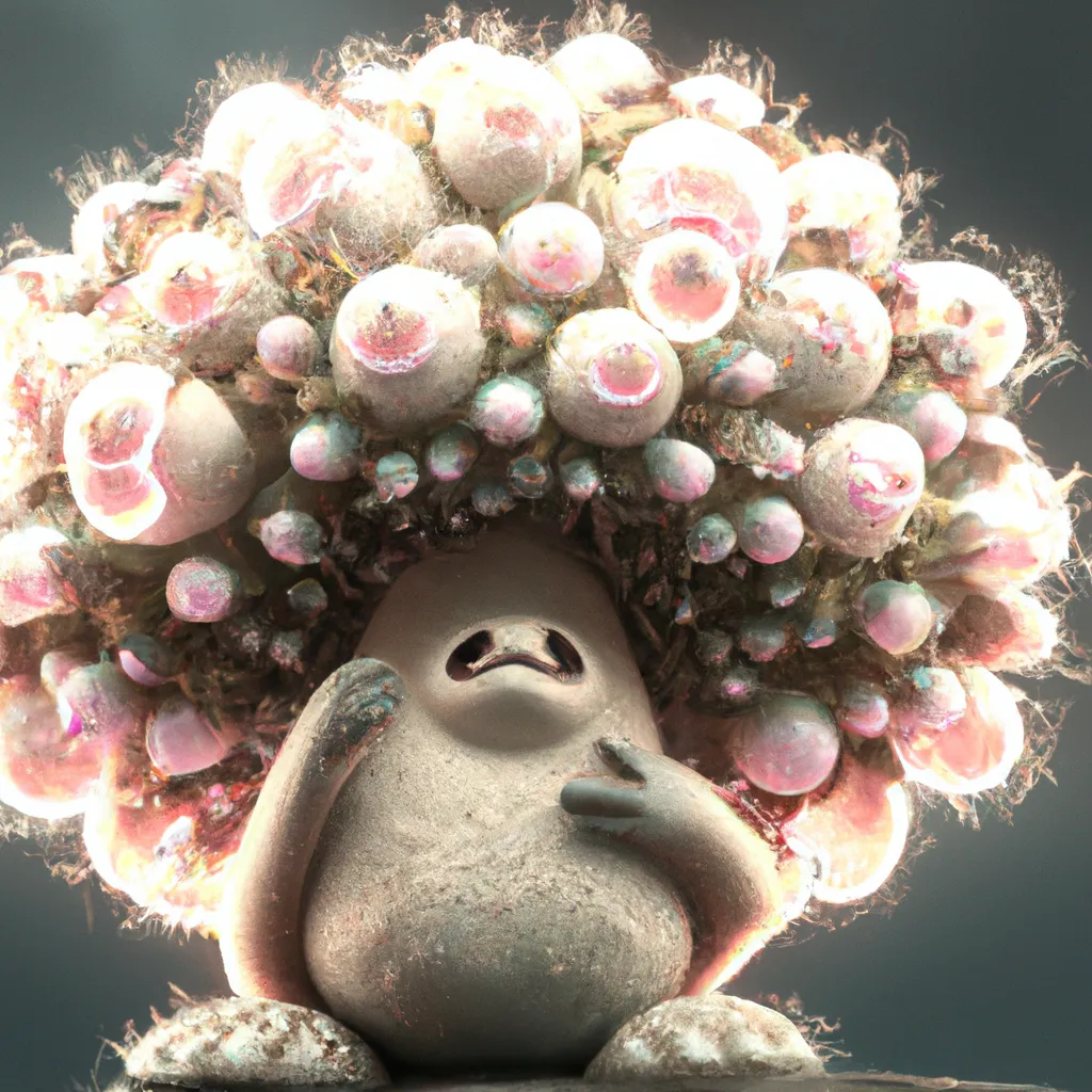 Prompt: Curvaceous Light bending cute furry monster  covered in halogenic Nuclear flowers in the style of Bruce Pennington, Dali, Munch, Escher, Klarwein, Yamamoto, Hattori, Leyendecker, Mullins, Magritte | mushroom | centered |muted desaturated tones | dark background | ultra sharp focus | 3d octane render artstation trending 8k unreal engine | Avatar movie| Disney Pixar Dreamworks 