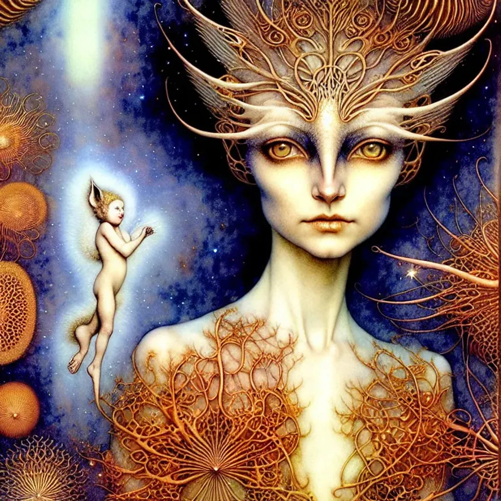 Prompt: (( woman cherub shapeshifter by Daniel Merriam, Merritt Chase, Alan Lee )) (lynx-Influence) indigo cream burnt-orange, pine gold photorealistic eyes, beautiful face, beautiful hands, impeccable skin details, very healthy, galaxy hair, glowing translucent fractal ((snowflakes)) by ((Ernst Haeckel, John Berkey)) background theme (murmuration of icicles) made of shining translucent silicone, high index of refraction, bioluminescent (fractal spray of droplets) by ((David Hockney, Howard David Johnson)) airbrush, acrylic on paper, smokey sky, fBm clouds, sunlight and shadows,  cinematic, ultra realistic, sense of high spirits, global illumination, volumetric fog,  volumetric lighting, occlusion, Poser 128K UHD fractal, pi, fBm