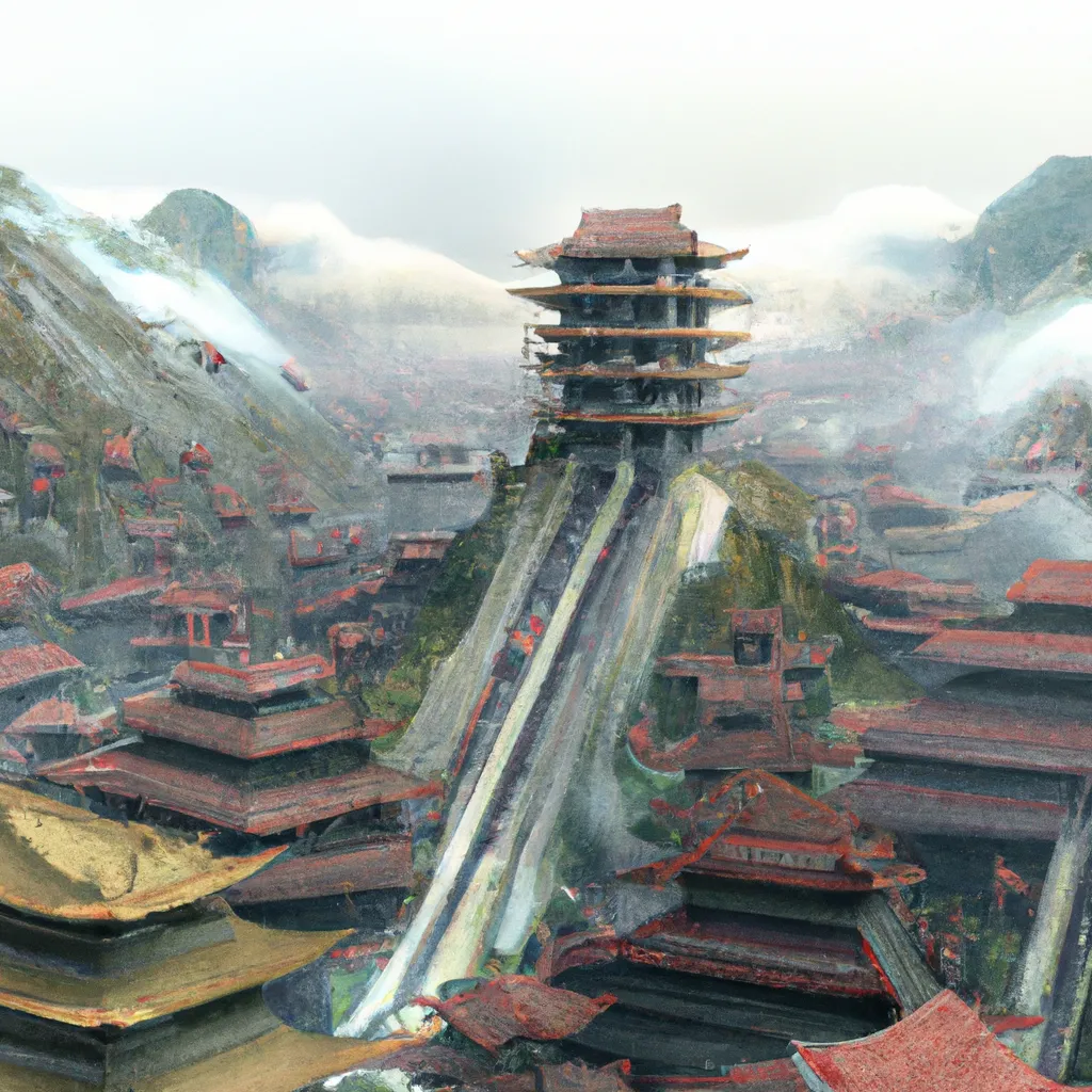 Prompt: Many ancient Chinese buildings, clouds, atmosphere, many mountains, big scenes, very fine, ultra-high definition, 4K, panorama, red, white, surreal, metal, sect, super large, fairy sword, looking up, many people fight