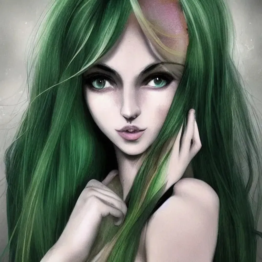 Prompt: full body portrait image of a beautiful girl with green hair, slender body, average height, white skin, hazel eyes, sculpted eyebrows, narrow nose, thin face, long hair, beautiful female, detailed Moss Green hair, whimsical, atmospheric, dynamic lighting, photo realistic, very beautiful, elegant, highly detailed, art station, concept art, smooth, sharp focus, illustration, coloured


