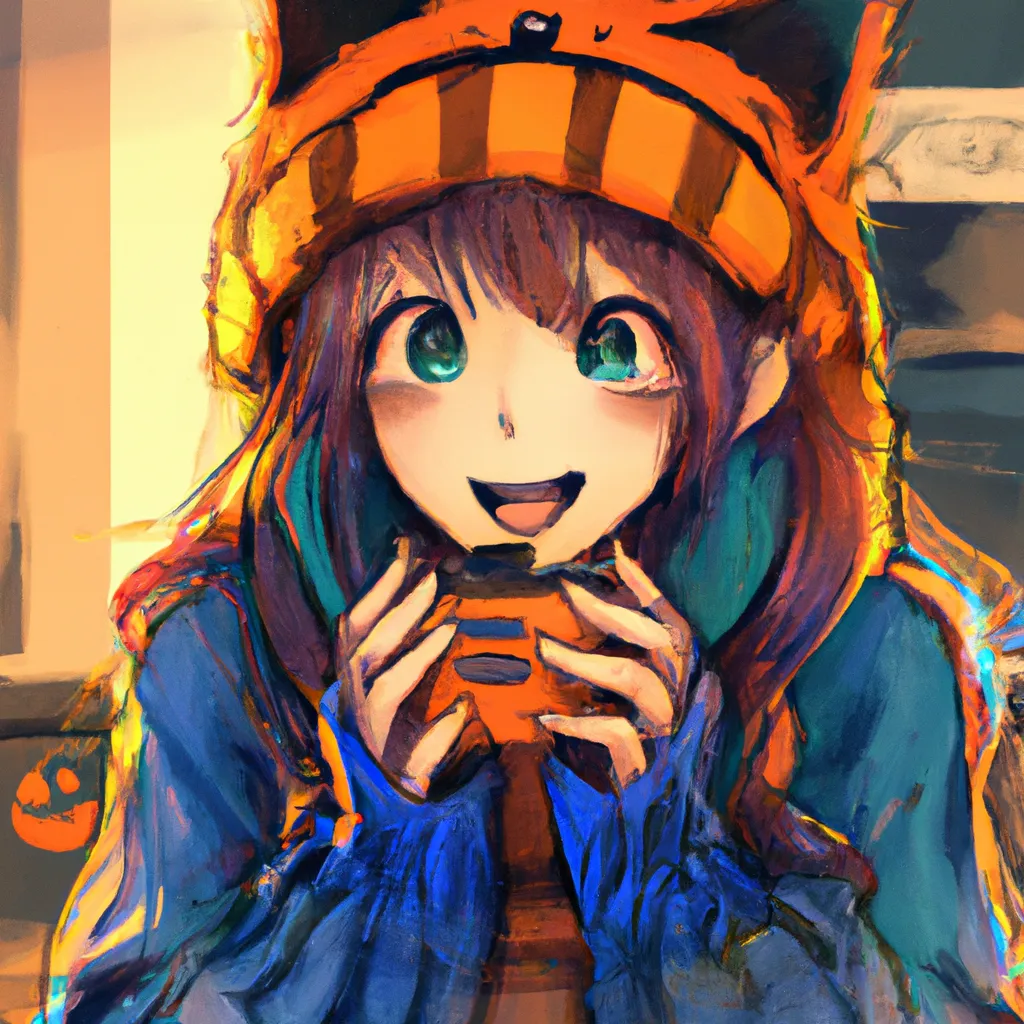 Prompt: american shot anime key visual of an enthusiastic anime cat girl wearing a cozy winter outfit, watching her pumpkin spiced latte excitedly, contrasted and bright; brown, orange, green and dark blue color palette; Digital art, trending on artstation, Photorealistic Illustration, anime key visual, cinematic, Ultra detailed