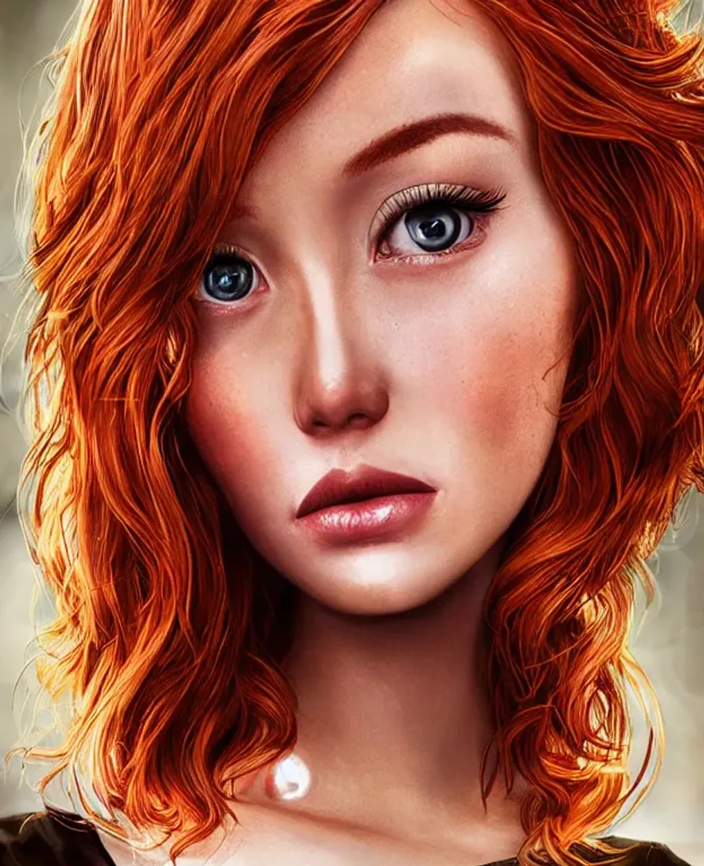 Prompt: hightly detailed, hyper realistic, photographic image, wide angle lens, a gorgeous ginger woman, artgerm, award-winning cgi 