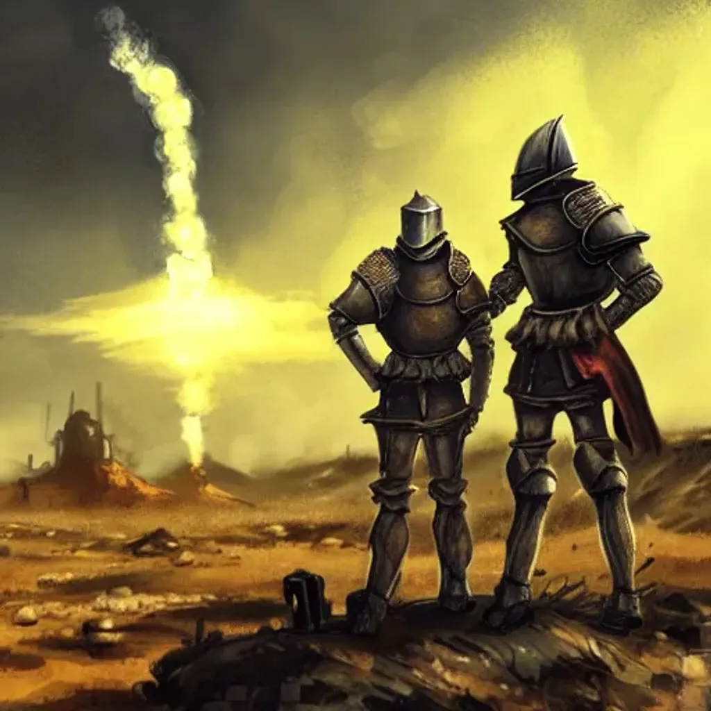 Prompt: Knight and squire looking at mushroom cloud in backround. Wind blows. Wasteland, fallout, postapocalyptic, dire.