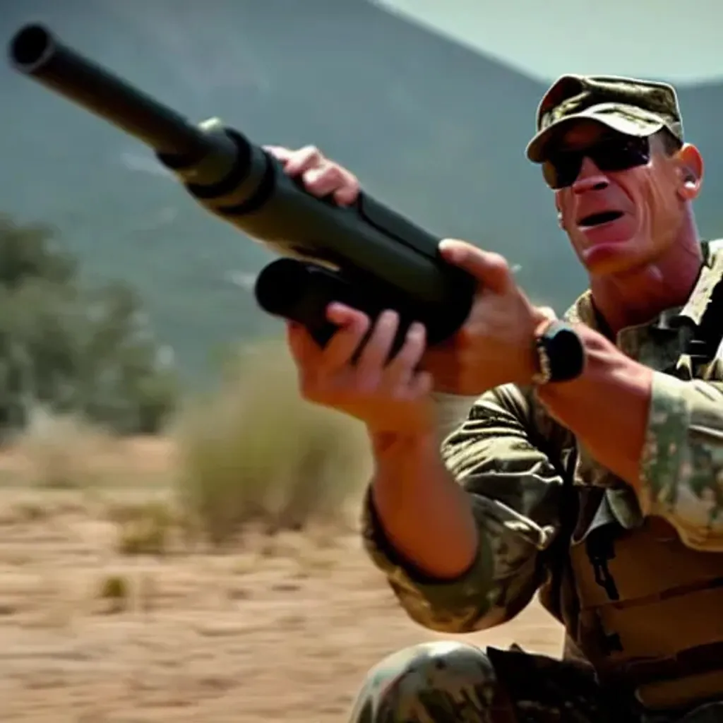 Prompt: John cena firing rocket launcher at an infantry unit 8k cinematic realistic