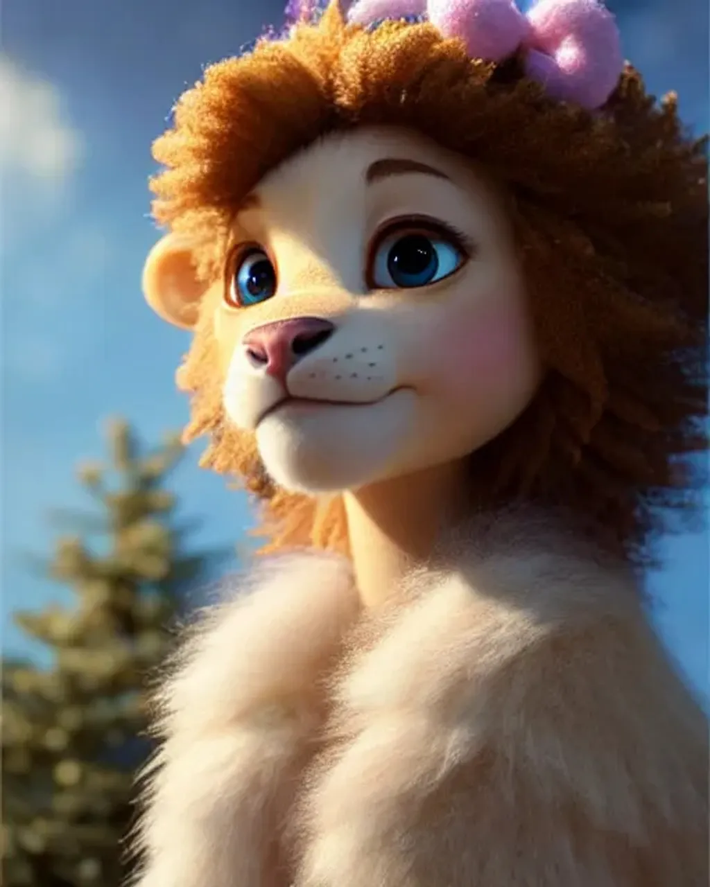 Prompt: Disney pixar, exquisite new character, cute Lion girl, highly detailed, fluffy, intricate details, beautiful big eyes, maximum cuteness, lovely, adorable, beautiful, flawless, masterpiece, soft dramatic moody lighting, ultra high quality octane render, magic wood background, Christmas aura, hypermaximalist, trending on artstation, Anna Dittmann, Tom Blackwell
