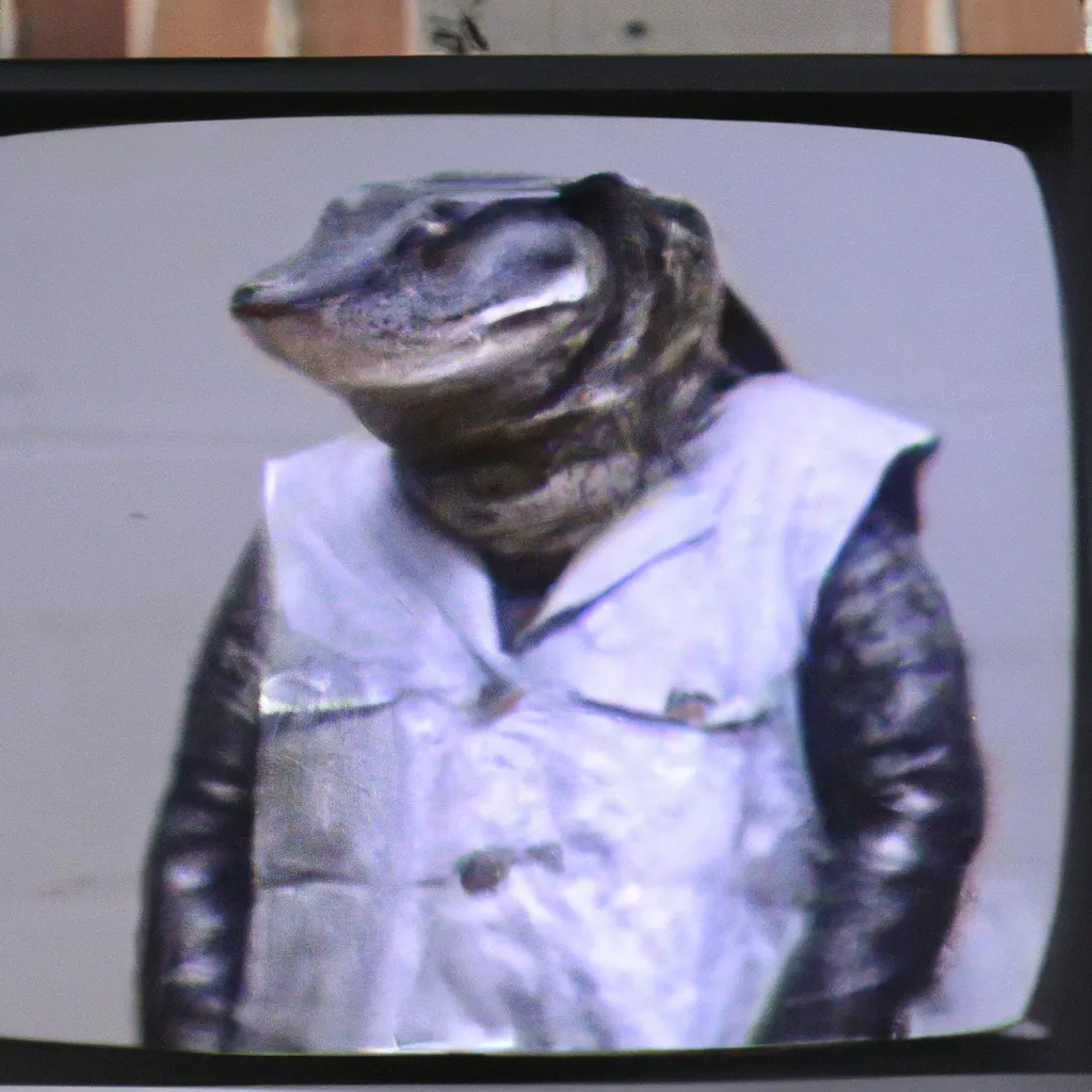 Prompt: A 1993 VHS footage of a guy with a lizard head wearing butcher clothes 