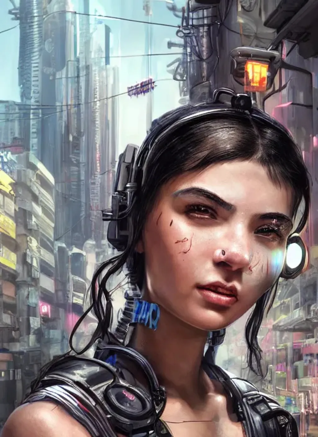 Prompt: Extremely detailed portrait of beautiful cyberpunk young mercenary girl with black hair with happy face, extremely detailed background cyberpunk street, hyperrealistic , 8k, high quality, concept art, trending on artstation, sharp focus, studio photo, intricate details, hyper detailed