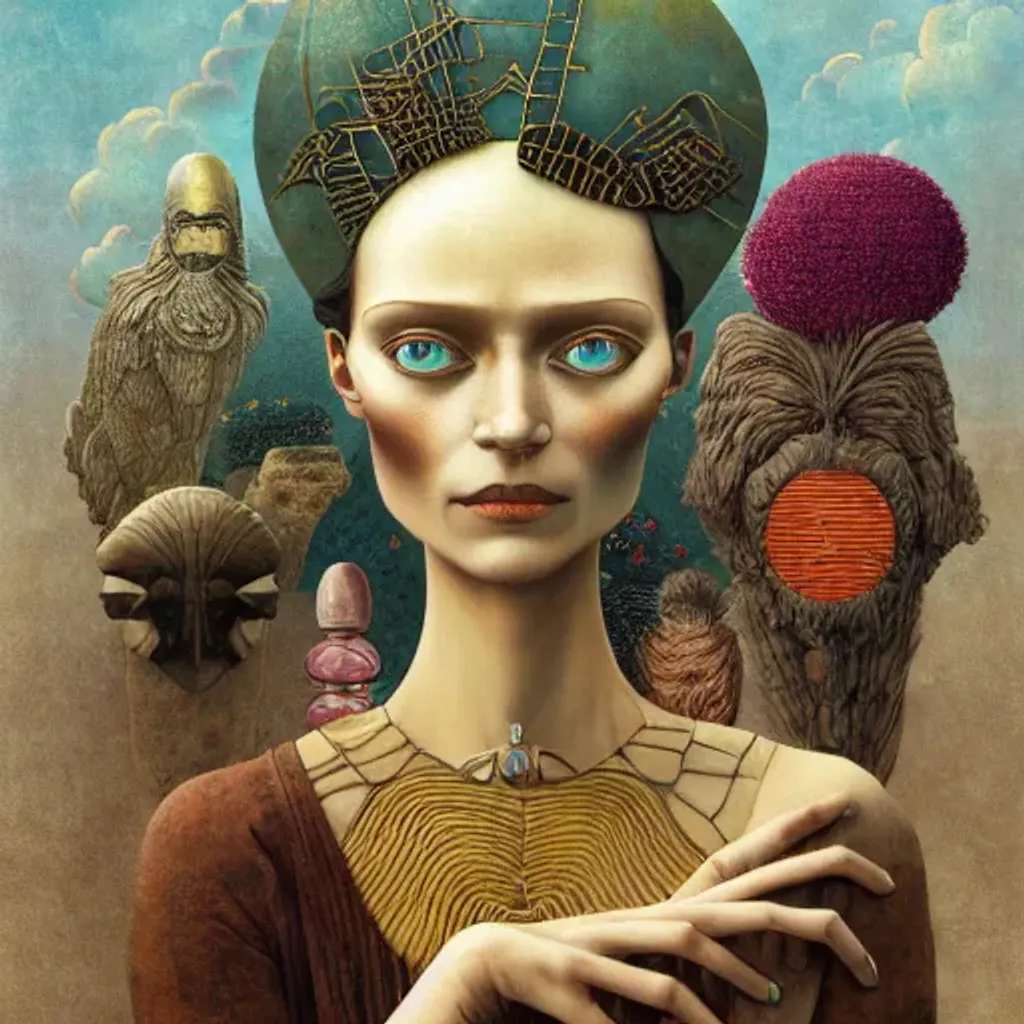 Prompt: Ozymandias Peruvian arpillera Oxana dobrovolska victo ngai henry rousseau Vladimir kush peregrine heathcoate catrin welz-stein Andrea kurti Andrea kowch 