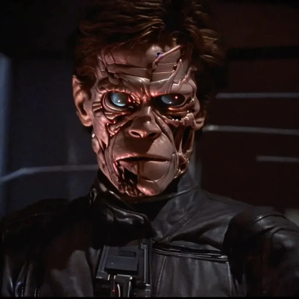 Prompt: Movie screenshot of Willem Dafoe as Terminator, 2003