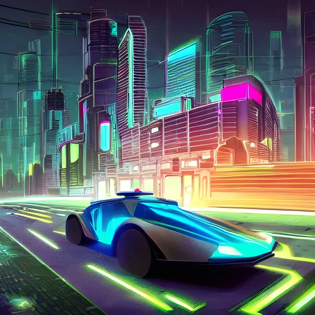 Prompt: A cyberpunk car is driving on the street in a solarpunk city, digital art