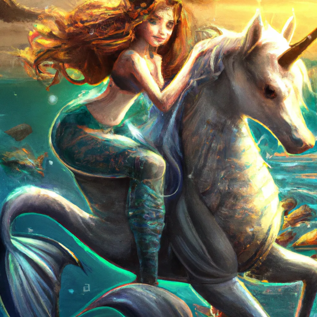 Prompt: A mermaid riding a centaur, digital art, very detailed, fantasy illustration, hyperrealist, anime style