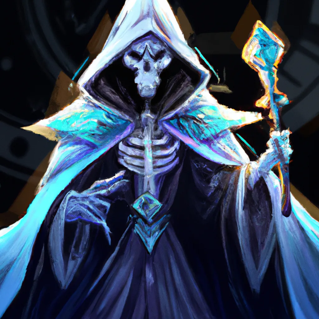 Prompt: An Skeleton who is a mage, wearing a sinister cloak, holding a staff, portrait shot, Anime, digital art
