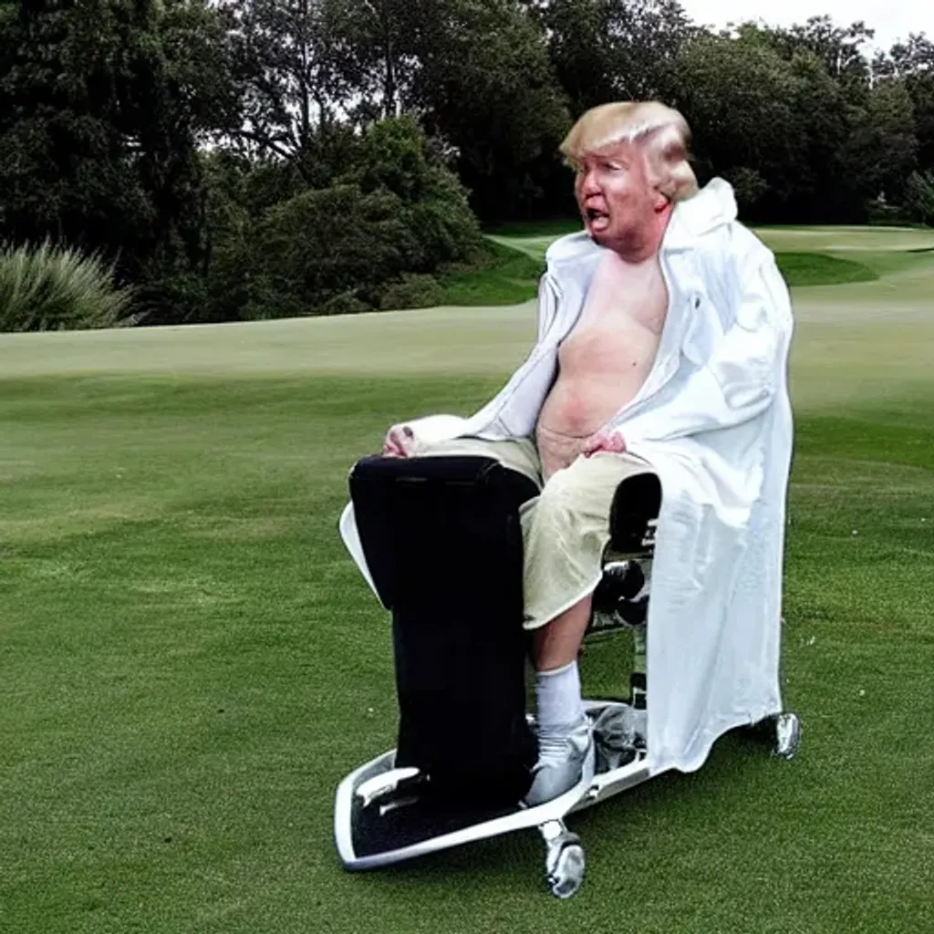 Prompt: donald trump in a straight jacket looking like a mental patient out on a golf
 course