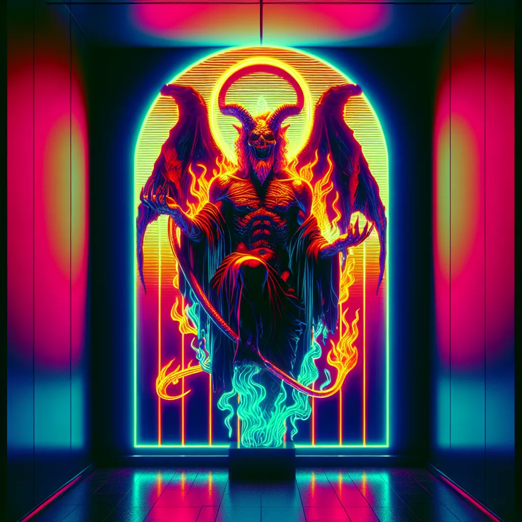 Prompt: demon, hell, demonic, gothic, vaporwave, retro, neon, aesthetic, liminal, high quality, high definition, beautiful, dramatic lighting