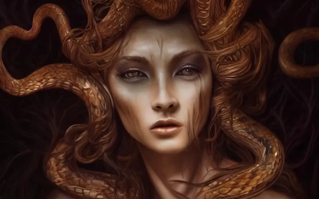 full body portrait image of a female medusa, slender...