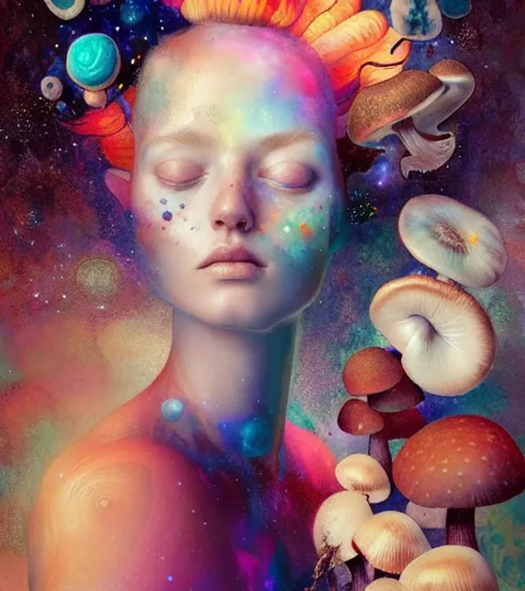 Prompt: Character by Ryan Hewett, Detailed eyes, digital painting, Beautiful woman with mushrooms growing out of her hair, hq, fungi, celestial, portrait, victo ngai, mushrooms, Jan van Eyck, galaxy, moon
