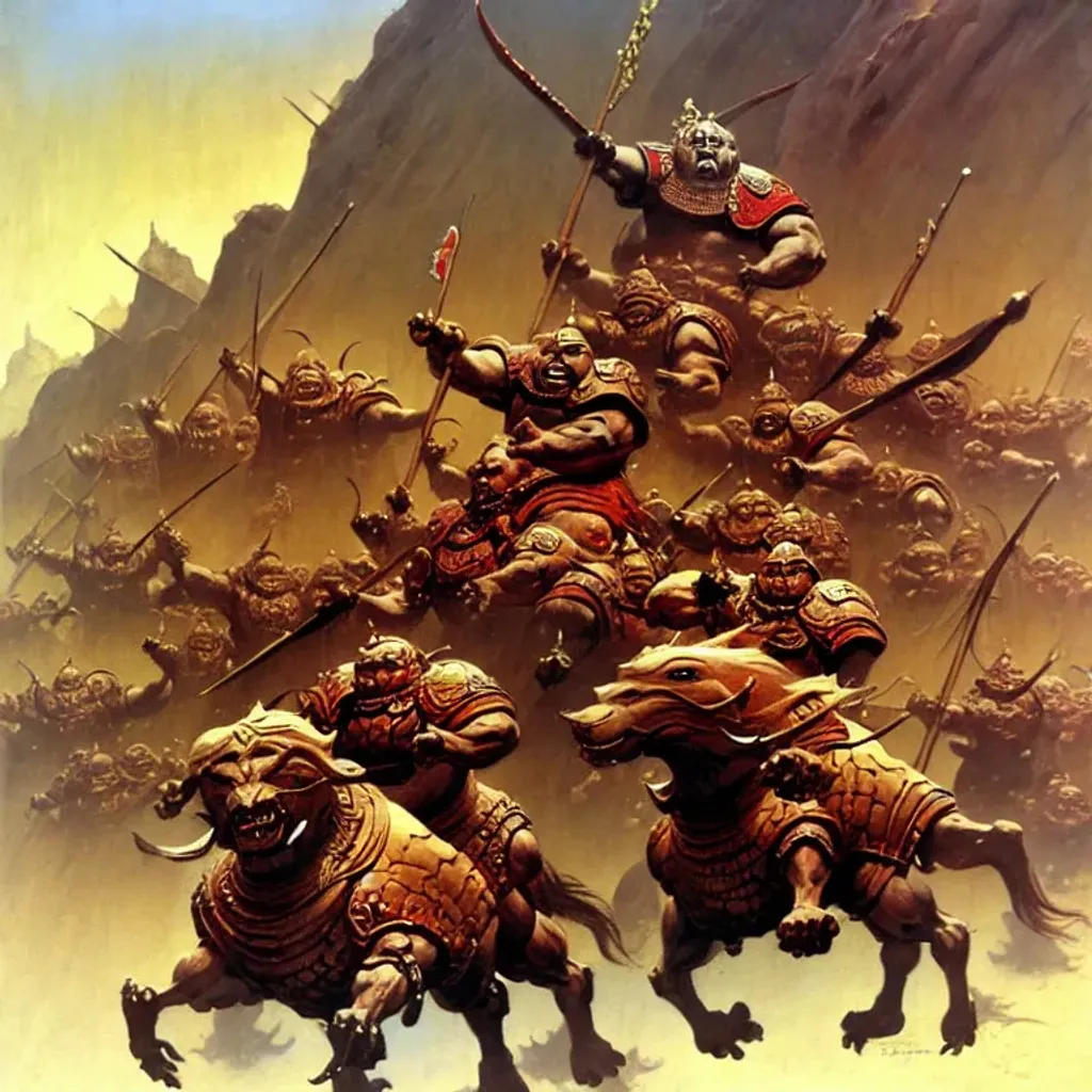 Prompt: Big armed and armored mongol troll soldiers, demons riding a chariot, fantasy art by Frank Frazetta, by Marc Simonetti, highly detailed, oil on canvas