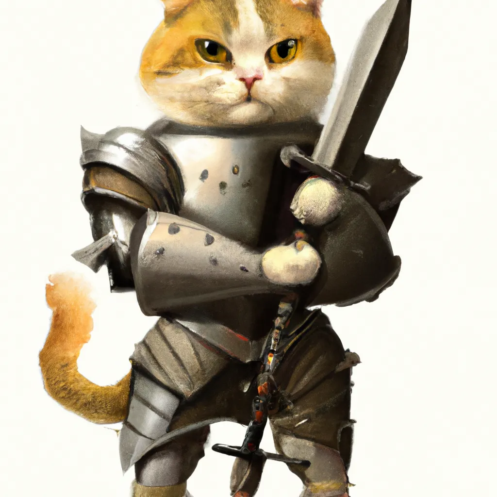 Prompt: a cat in knight's armor holds a sword