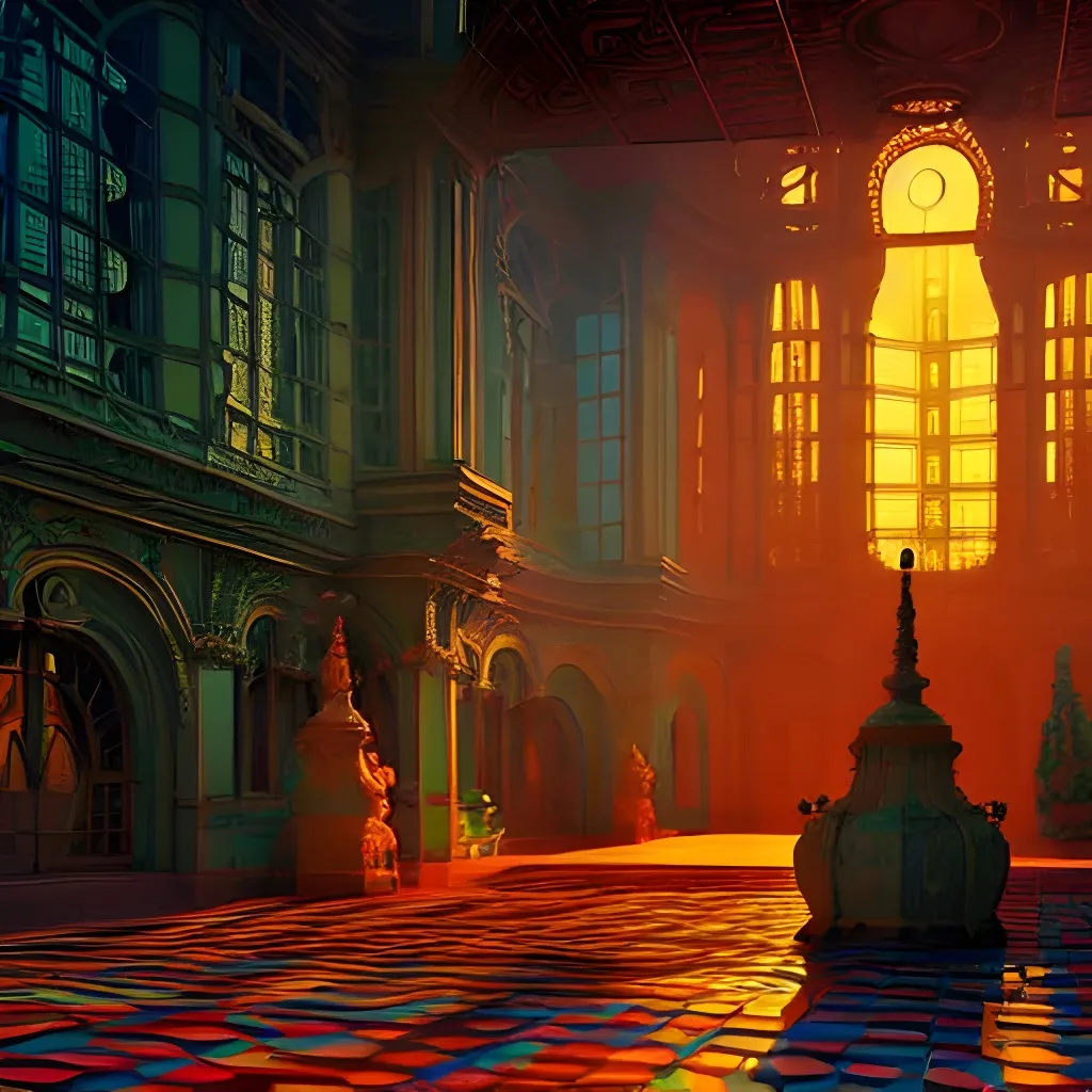 Prompt: Abandon, art nouveau rococo architecture WLOP triadic colors kinetic pointillism AppGameKit low poly hyperdetailed award-winning hyperrealistic volumetric lighting dynamic lighting 16K Moebius Hang Guangjian Unreal engine 5 ray tracing Cyberpunk magnificent beautiful digital art dystopian