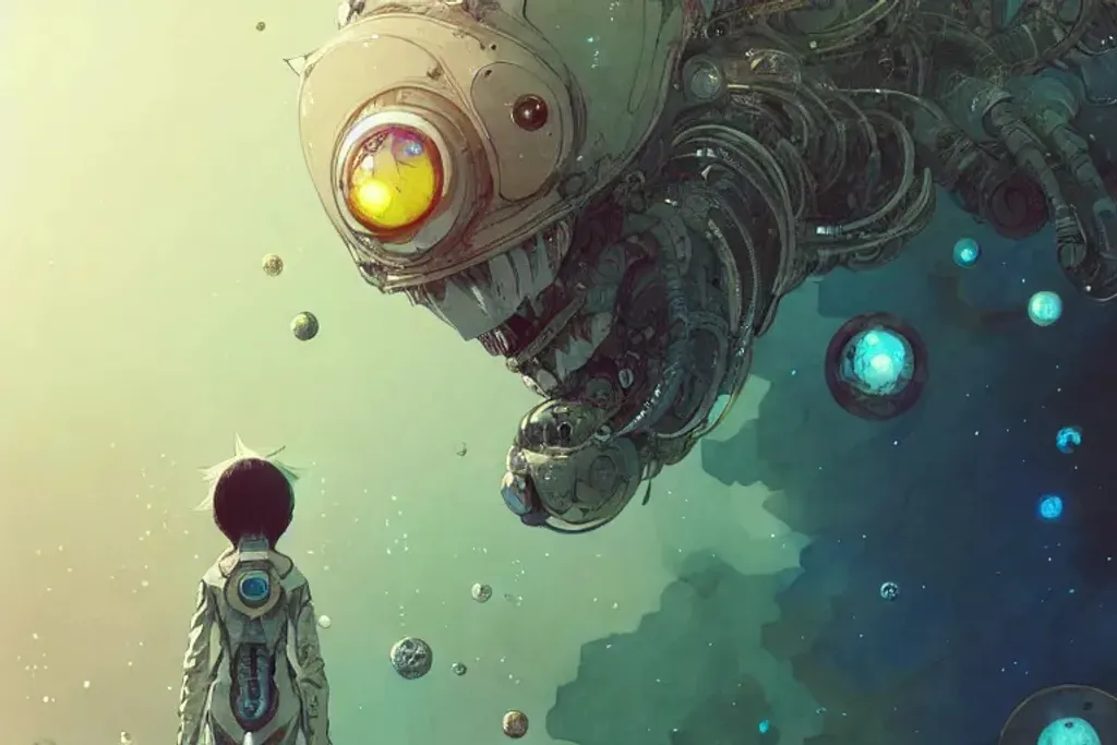 Prompt: strange alien, outer space, deep space, beautiful, manga, insanely detailed and intricate digital illustration by Hayao Miyazaki, Ismail Inceoglu, M.W. Kaluta and Yoshitaka Amano, a masterpiece, close-up, 8k resolution, trending on artstation, delicate, watercolor, soft