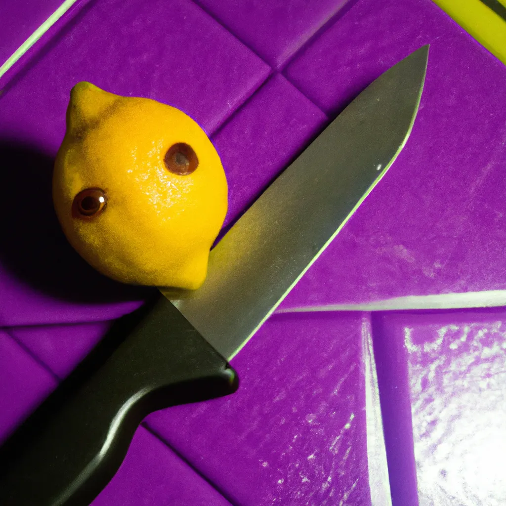 Prompt: a chibi lemon with face and knife. Rule of thirds. very sharp, photography. in a corner of a violet, harmonious, geometric, symmetrical, very square mosaic tiled room. Perfect bright Lighting. illuminated by Three-point lighting