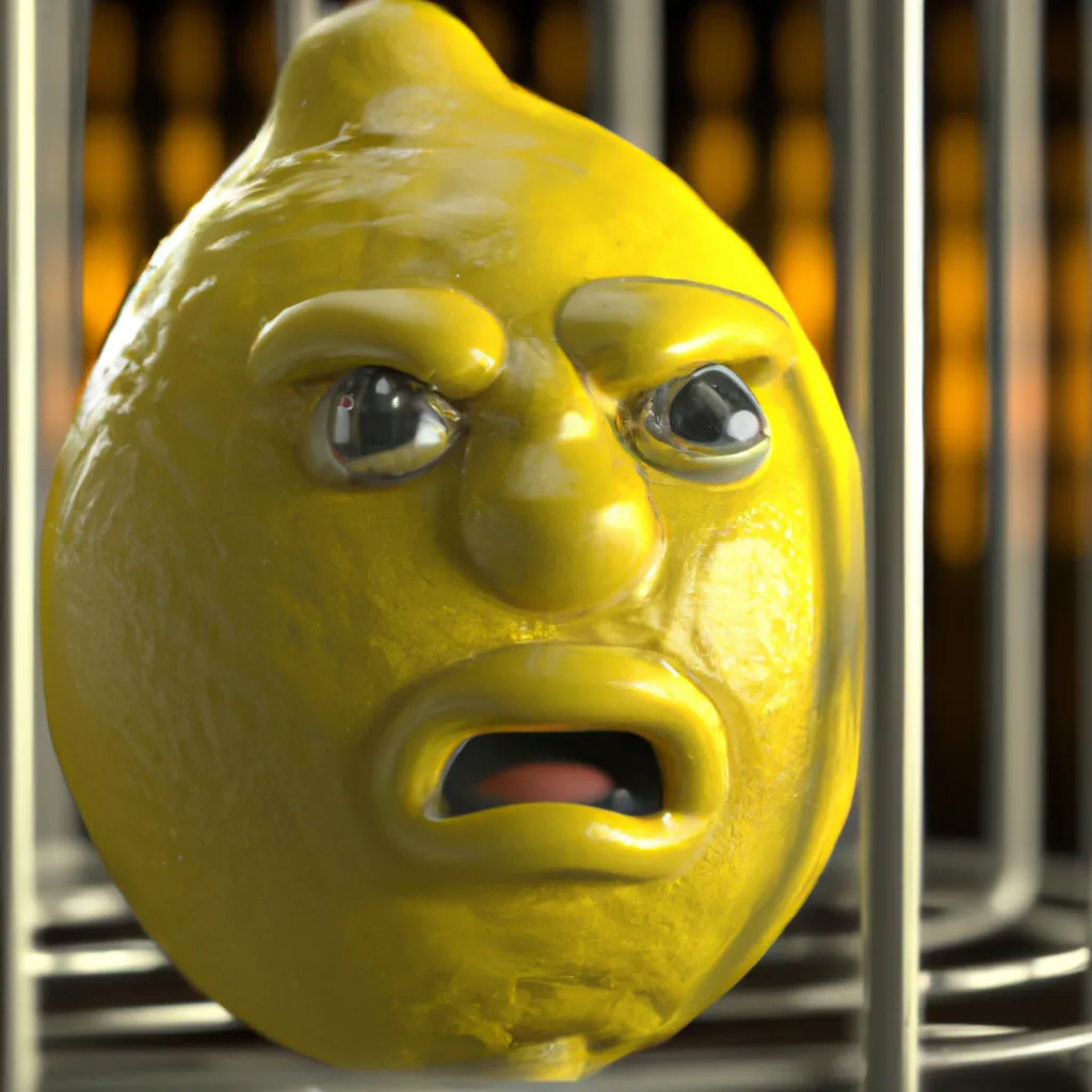 Prompt: bumpy yellow lemon with face screaming, behind bars in prison, close-up, cinematic, octane render, ray tracing art