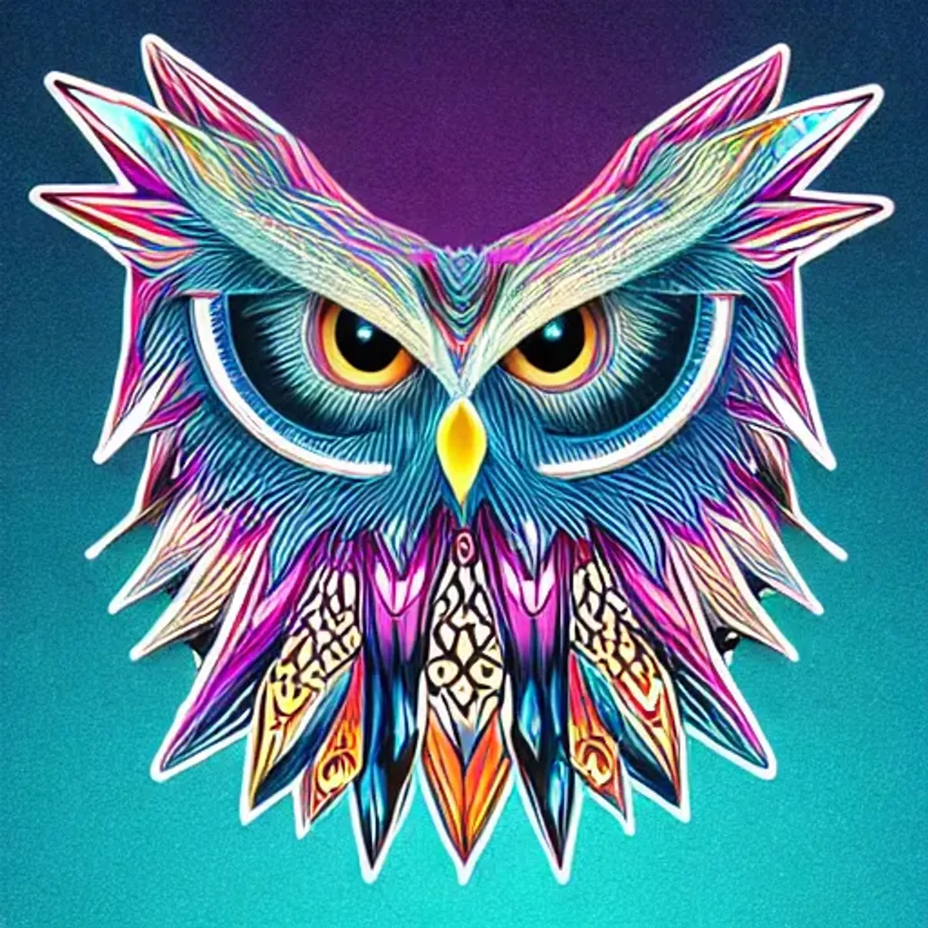 Prompt: adobe sticker illustration svgsymmetrical! unrealistic, highly detailed, close-up portrait of an intricate celestialowl ghost head wearing a tinsel, rendered hazel eyes, surrounded by colored smoke, night background, trending on artstation, masterpiece, 64k, octane render, volumetric lighting, illustration, art by artgem digital painting