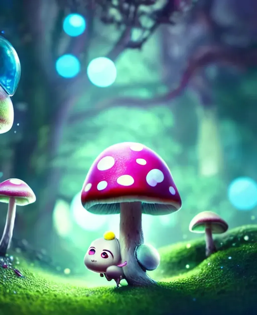 Prompt: cute kawaii creature made from a mushroom, large anime eyes, concept character, bokeh effect, magical lighting, weed, lsd, beautiful glowing lights, bio-luminescence, stunning, intricate, hyperdetailed, 32k poster art, octane render, hyperion render, professional realistic matte painting by pixar, luke chueh, matt dangler, centered