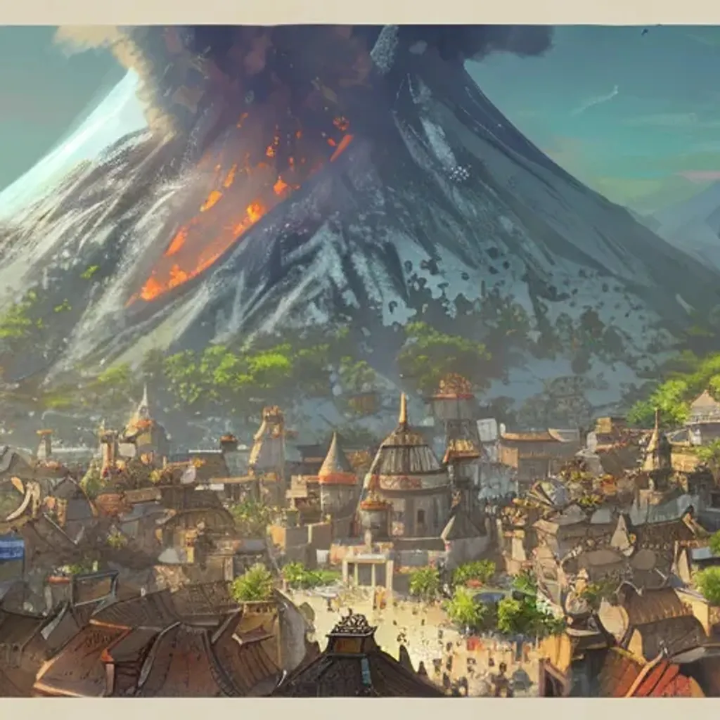 Prompt: concept art medieval fantasy city bustling outdoor overhead volcano mountain