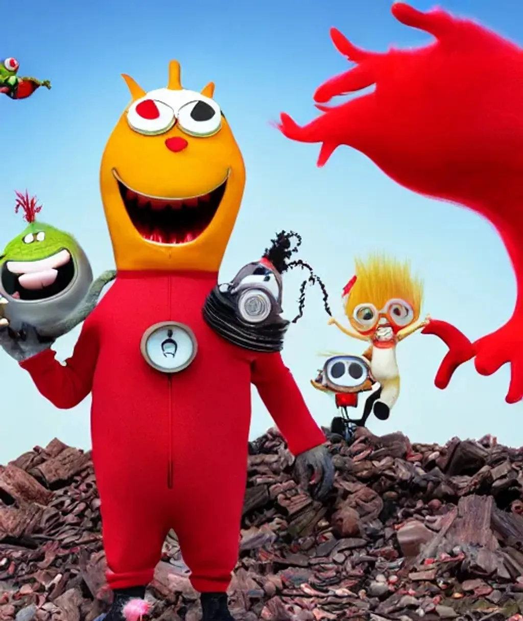 Prompt: a render of a round adorable monster man in a red jumpsuit, wearing shiny black goggles, long pointy pink nose, long spikey light brown moustache, large cartoonish hands with white gloves, evil villain grin, high tech, hdr, 4 k, he is standing over the lorax, the lorax is on the ground, 3 d