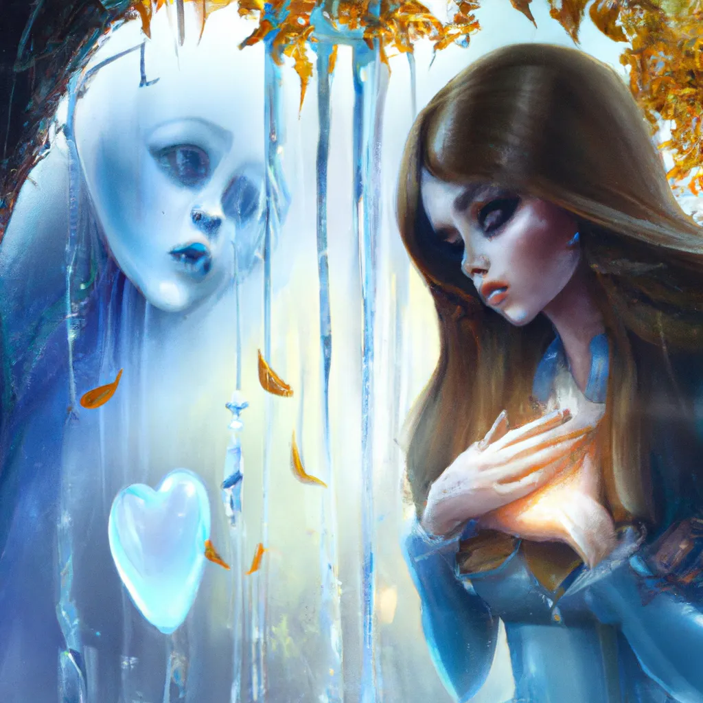 Prompt: Detailed intricate hyper realistic ultra realistic expressive surrealism sharp clear digital airbrush by Anna Dittmann, Tom Bagshaw, Gil Elvgren, Sho Murase. Movie still of a Shadow Ghost soul crying in an argument with a friend while holding a broken heart in her hand in a autumn landscape. Ghosts, souls, dreams, spectres, letters, tears, anger, sadness, loneliness, grief, anxiety 