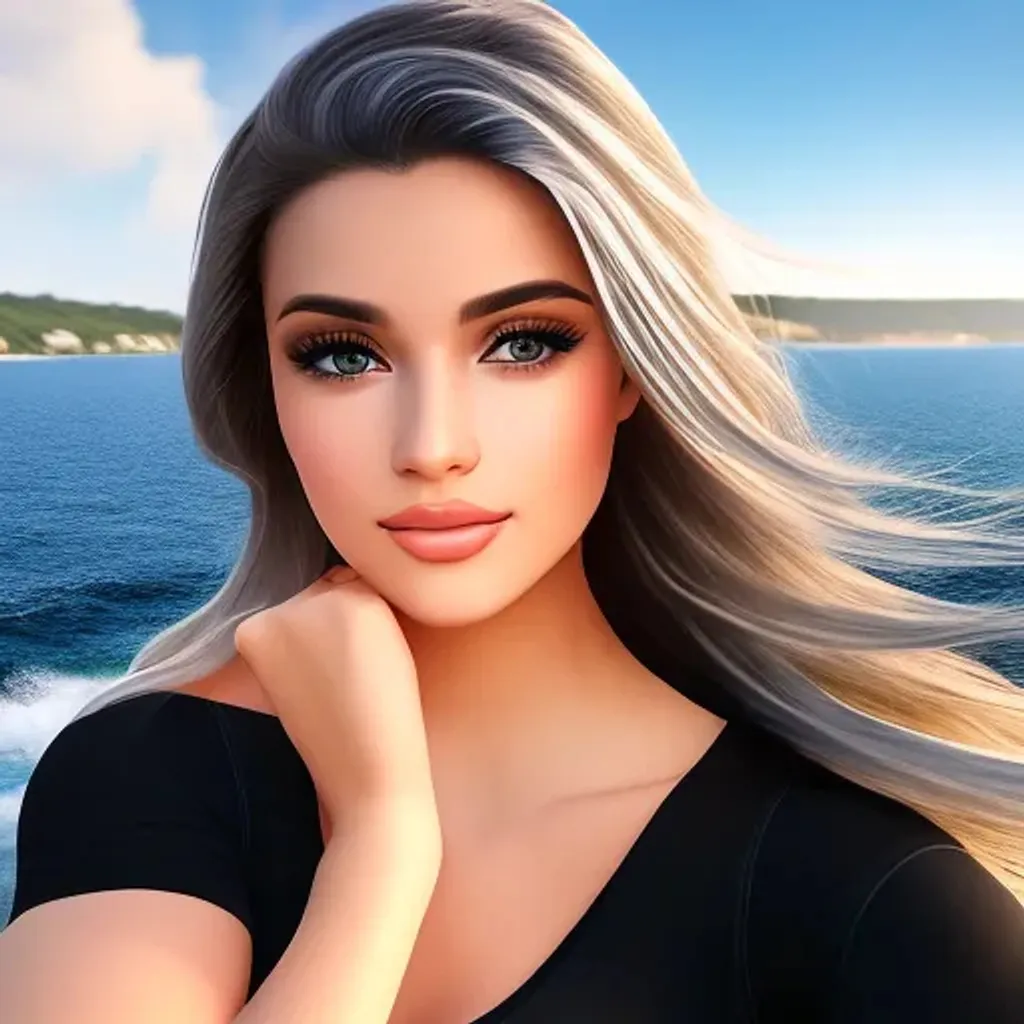 Prompt: highly detailed photorealistic art of a pretty young cute teenage girl, looking at the camera and lying on the coast, white hairs, eyeliner makeup, black skirt, black clothes, black crop top, full length, ultra-realistic soft sun lighting, Redshift Render, hd, 4k, 8k, artstation, illustration, teenager, digital art, beach, sea, ocean, coast, sand, full body