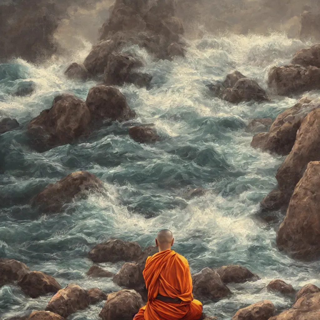 Prompt: Oil painting of a buddhist monk meditating from behind sitting on a rock in the roaring sea, mighty roaring waves, peaceful, serene, enlightenment, trending on artstation, professional, highly detailed, vivid colors, unreal engine, comic book cover, by August Friedrich Schenck