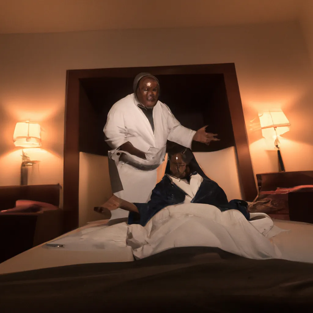 Prompt: Wide-angle in-action photo of fat DSK "strauss-kahn" in bathrobe sitting on hotel bed reaching for maid "nafissatou diallo" standing, moody low light, DSLR photo