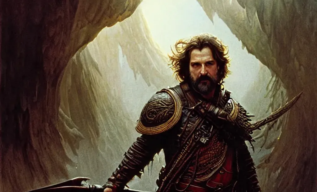 Prompt: High definition, centered on younger Peter Jackson, happy, intricate inredecentent wings, wide bright eyes, wild river, intricate wispy beard, intricate leather shirt, Dune 1980s, intricate environment, dramatic lighting, by Greg Rutkowski