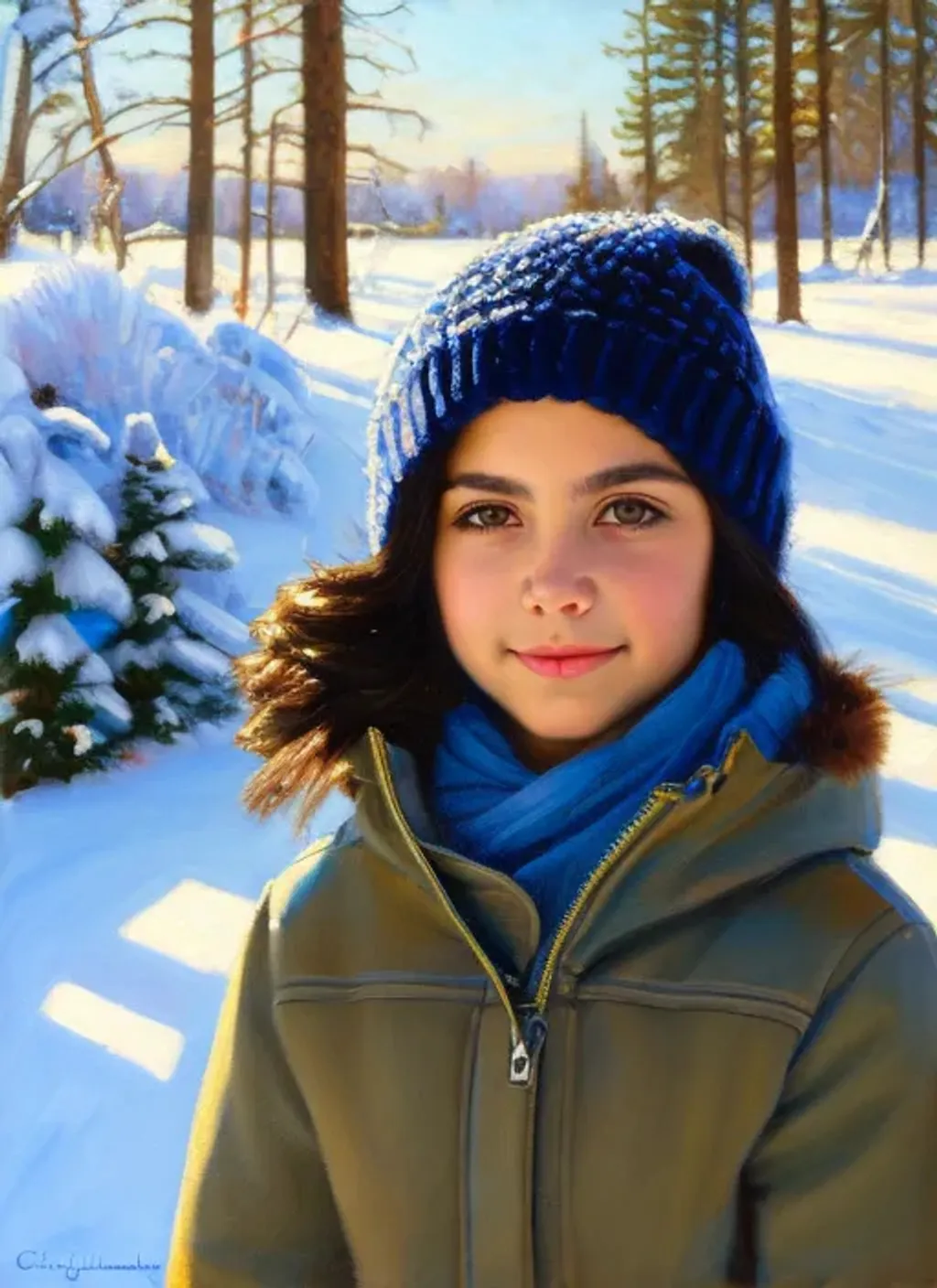 Prompt: Portrait of a cute 13-year old girl, hispanic, pale olive skin, black hair, short hair, very dark brown eyes, winter clothes, snow, blue-ish, looking at the camera, extremely detailed painting by Greg Rutkowski and by Henry Justice Ford and by Steve Henderson