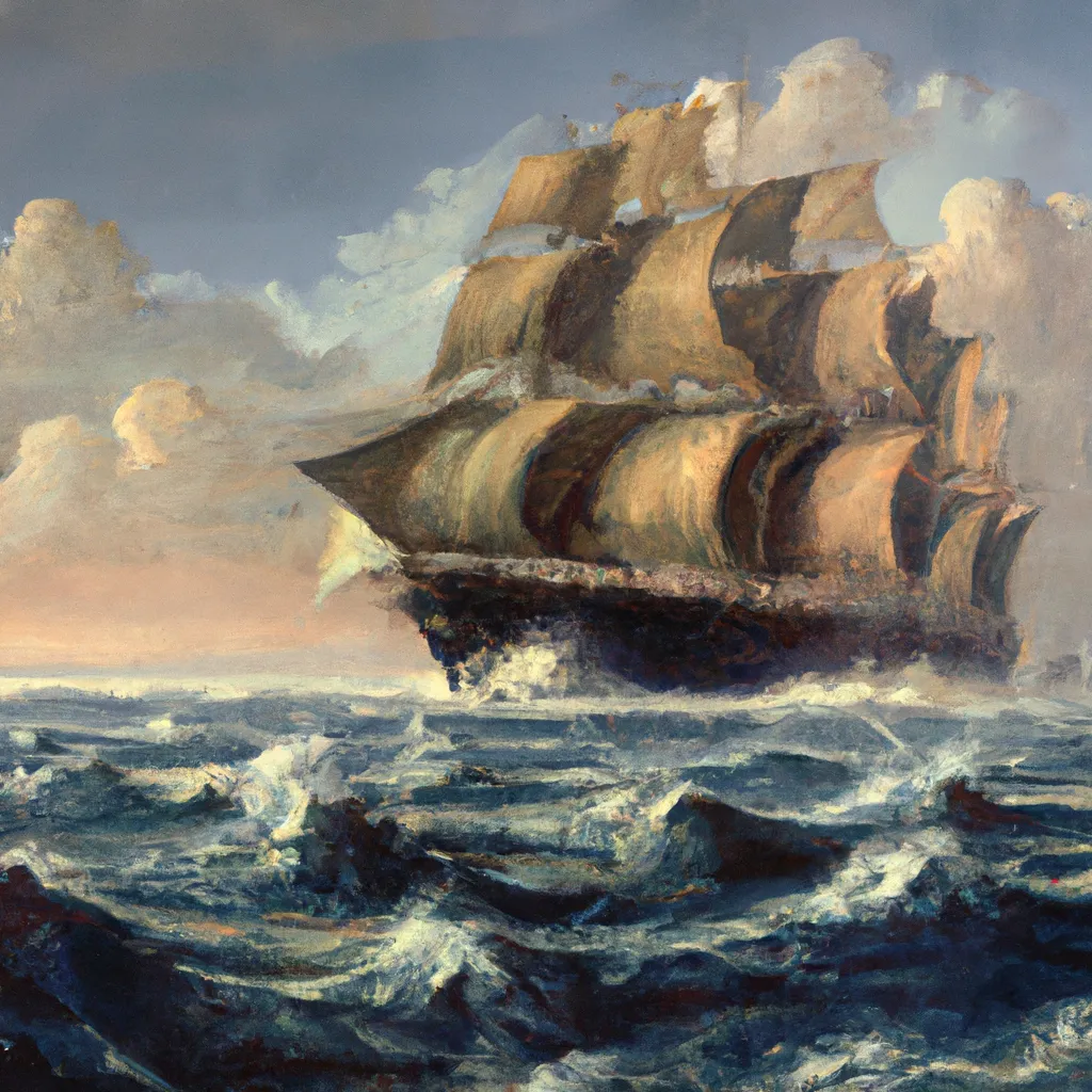 Prompt: 1800s painting of the ocean, a huge ship appearing out of heavy fog 