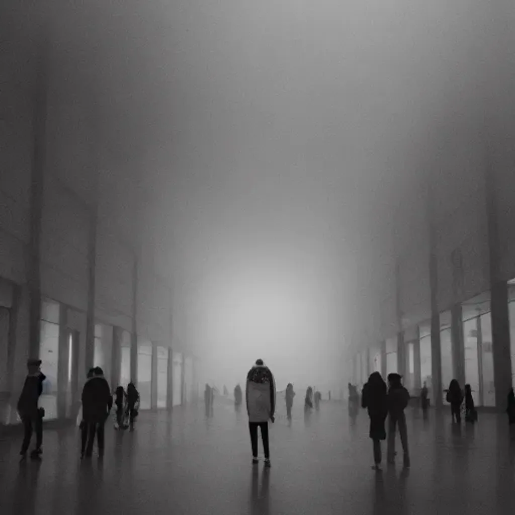 Prompt: liminal space mall with people in the fog