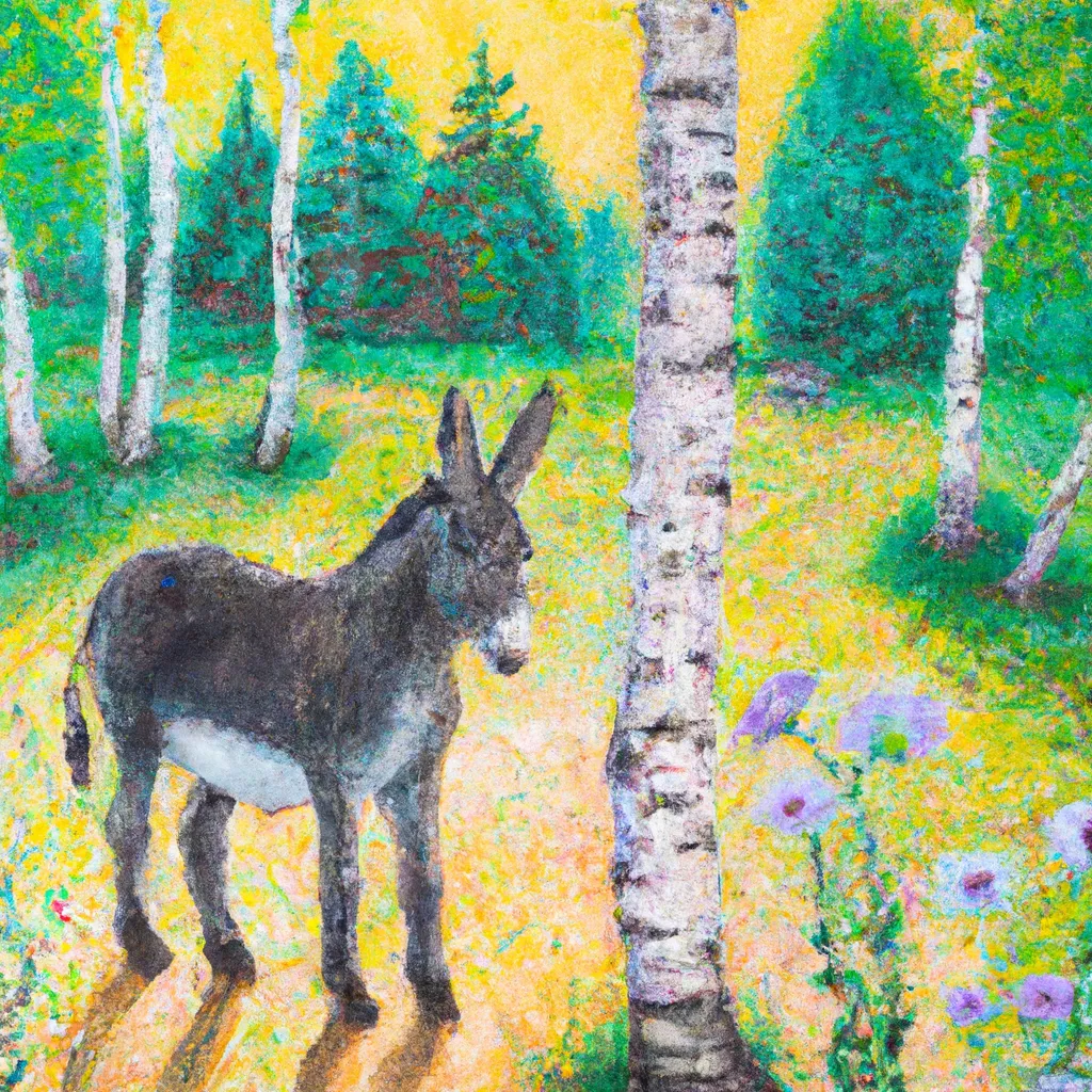 Prompt: painting of a donkey in a field of flowers, birch trees, scenic, idealic, soft light