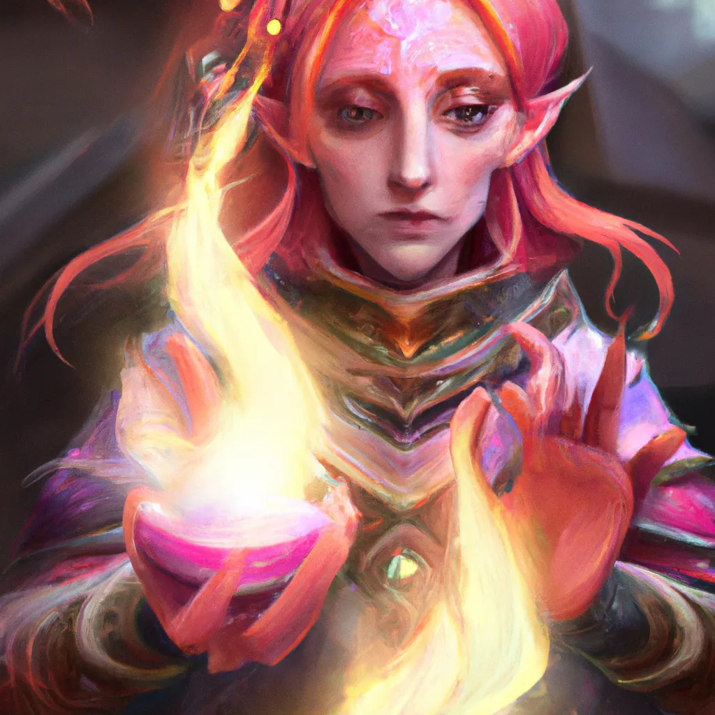 Prompt: portrait of a female cleric dwarf with pink hair casting a sacred flame spell, d & d, fantasy, intricate, elegant, highly detailed, digital painting, artstation, concept art, matte, sharp focus, illustration, art by greg rutkowski and alphonse mucha