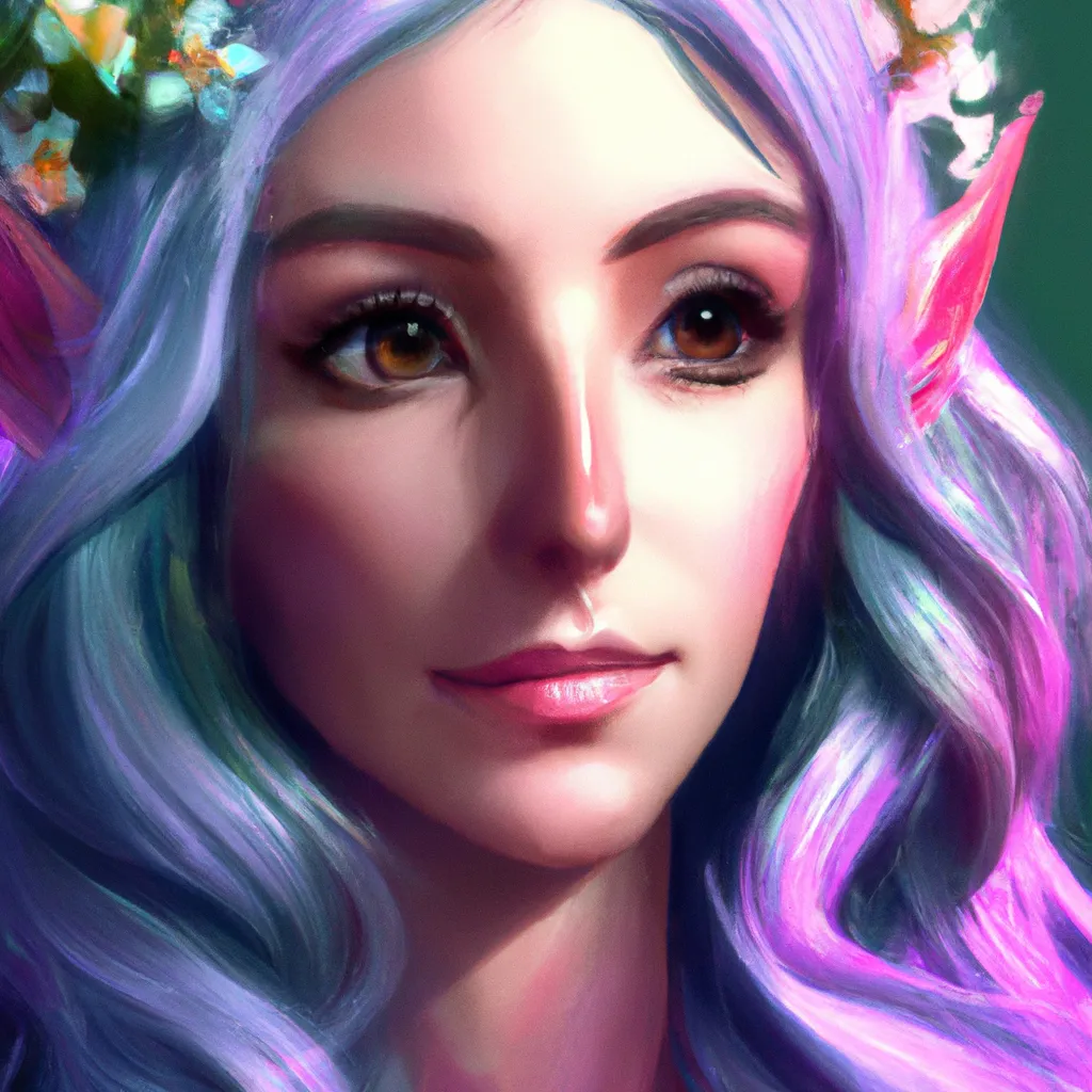 Prompt: ""woman Elf, blue hair,cute, flowers," portrait, 8k resolution concept art portrait by Greg Rutkowski, Artgerm, WLOP, Alphonse Mucha dynamic lighting hyperdetailed intricately detailed Splash art trending on Artstation triadic colors Unreal Engine 5 volumetric lighting, wet brush, photorealistic, hyperdetailed,"
