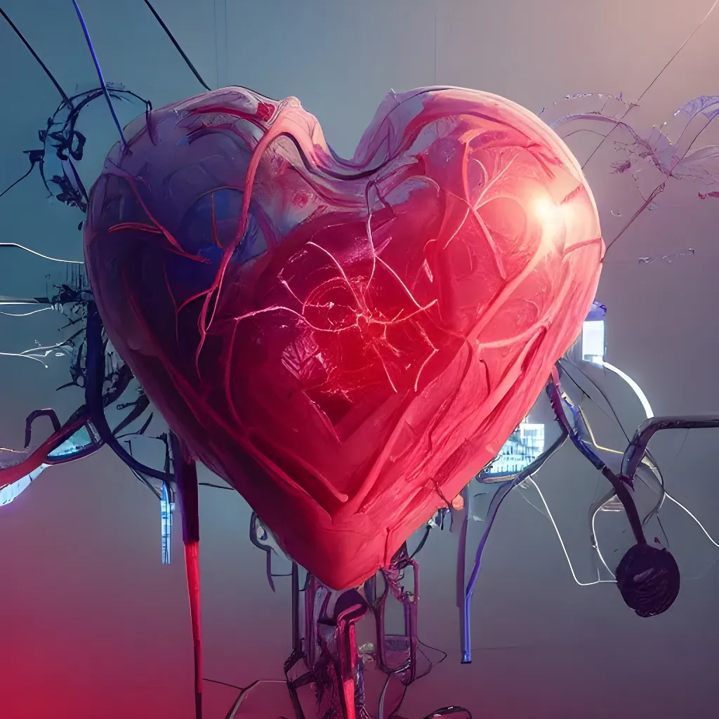 Prompt: a computer generated image of a human heart, cyberpunk art, cgsociety, still from the movie saw, love death and robots, post - apocalyptic car blueprint, web 3. 0, album art for a trance dj, the artist has used bright, animatic, artery, thin blue arteries, full - body artwork